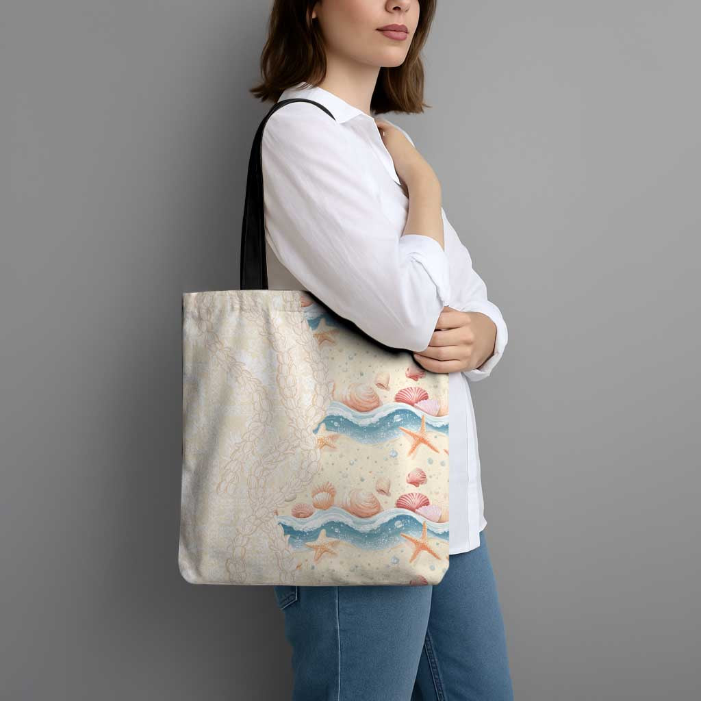 Beige Hawaii Lei Seashells Starfish Tote Bag Sandy Sylized - Polynesian Pride