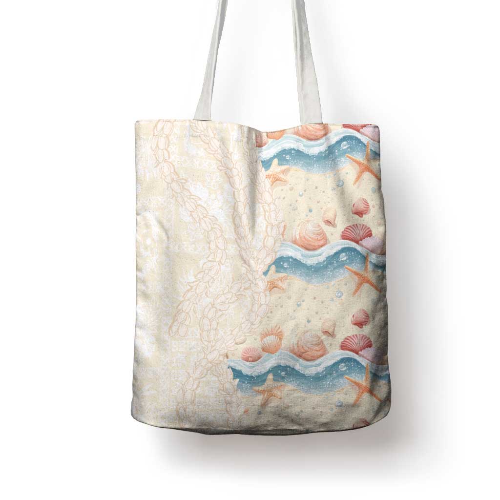 Beige Hawaii Lei Seashells Starfish Tote Bag Sandy Sylized - Polynesian Pride