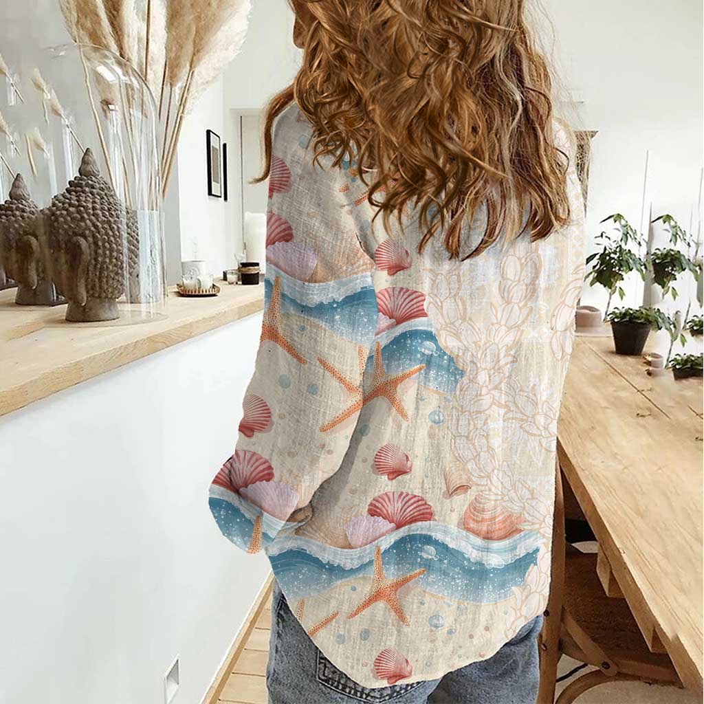 Beige Hawaii Lei Seashells Starfish Women Casual Shirt Sandy Sylized - Polynesian Pride