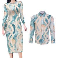 Hawaii Lei Seashells Starfish Couples Matching Long Sleeve Bodycon Dress and Long Sleeve Button Shirt Fresh Summer Vibe - Polynesian Pride