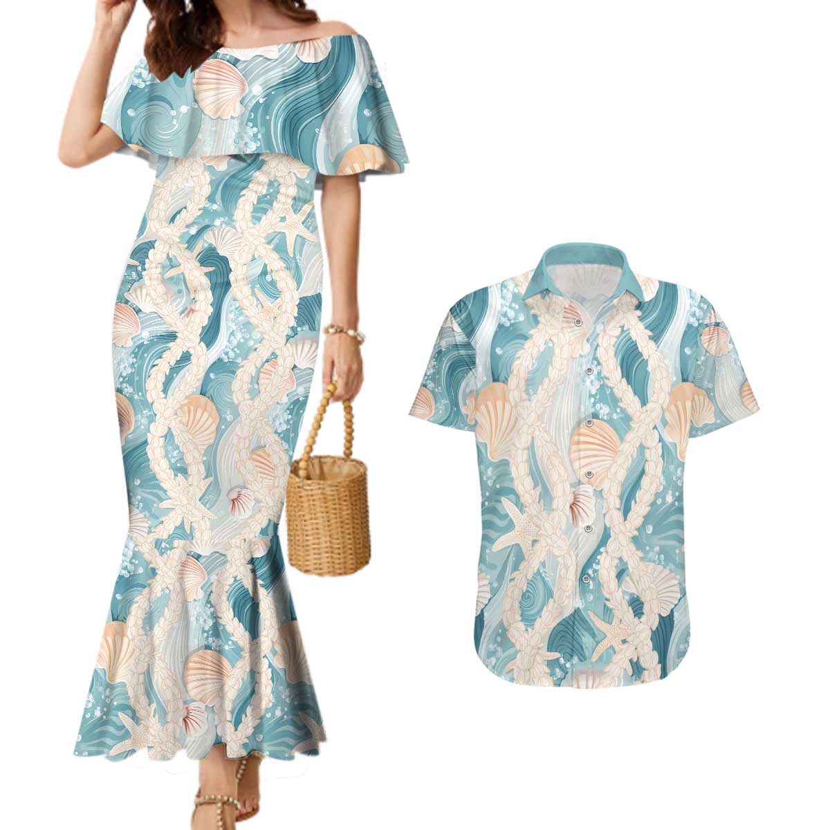 Hawaii Lei Seashells Starfish Couples Matching Mermaid Dress and Hawaiian Shirt Fresh Summer Vibe - Polynesian Pride