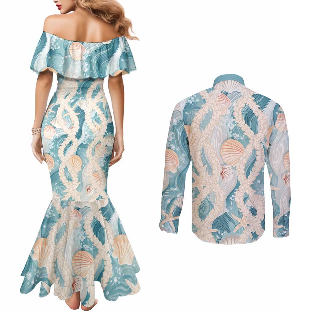 Hawaii Lei Seashells Starfish Couples Matching Mermaid Dress and Long Sleeve Button Shirt Fresh Summer Vibe - Polynesian Pride