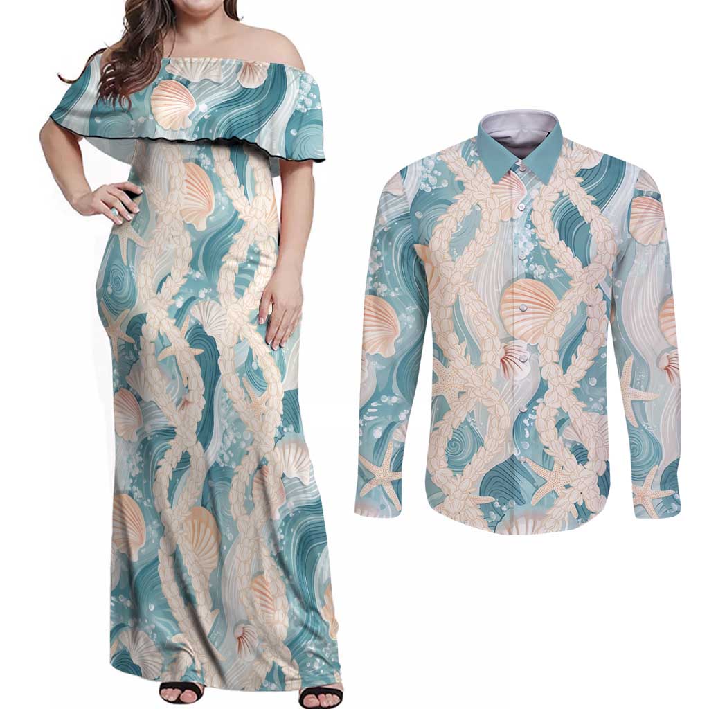 Hawaii Lei Seashells Starfish Couples Matching Off Shoulder Maxi Dress and Long Sleeve Button Shirt Fresh Summer Vibe - Polynesian Pride