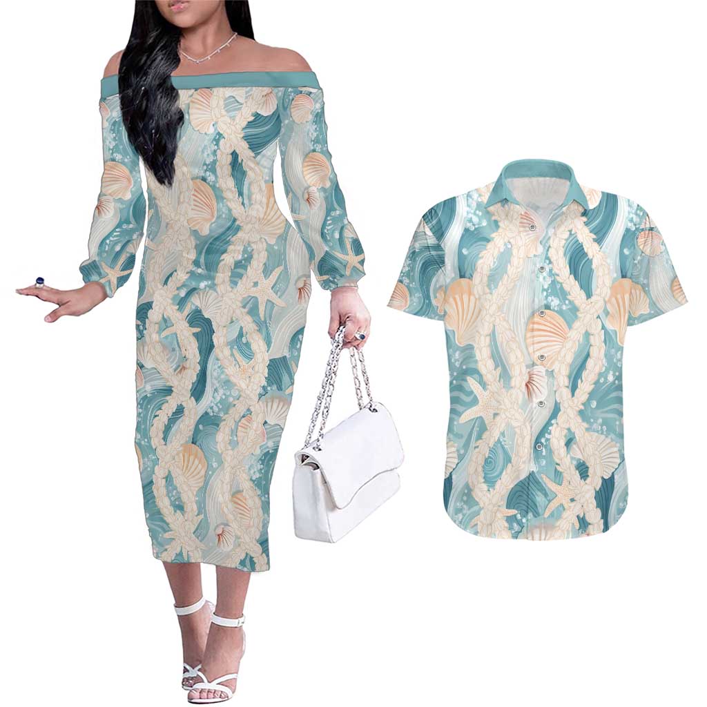 Hawaii Lei Seashells Starfish Couples Matching Off The Shoulder Long Sleeve Dress and Hawaiian Shirt Fresh Summer Vibe LT01 Blue - Polynesian Pride
