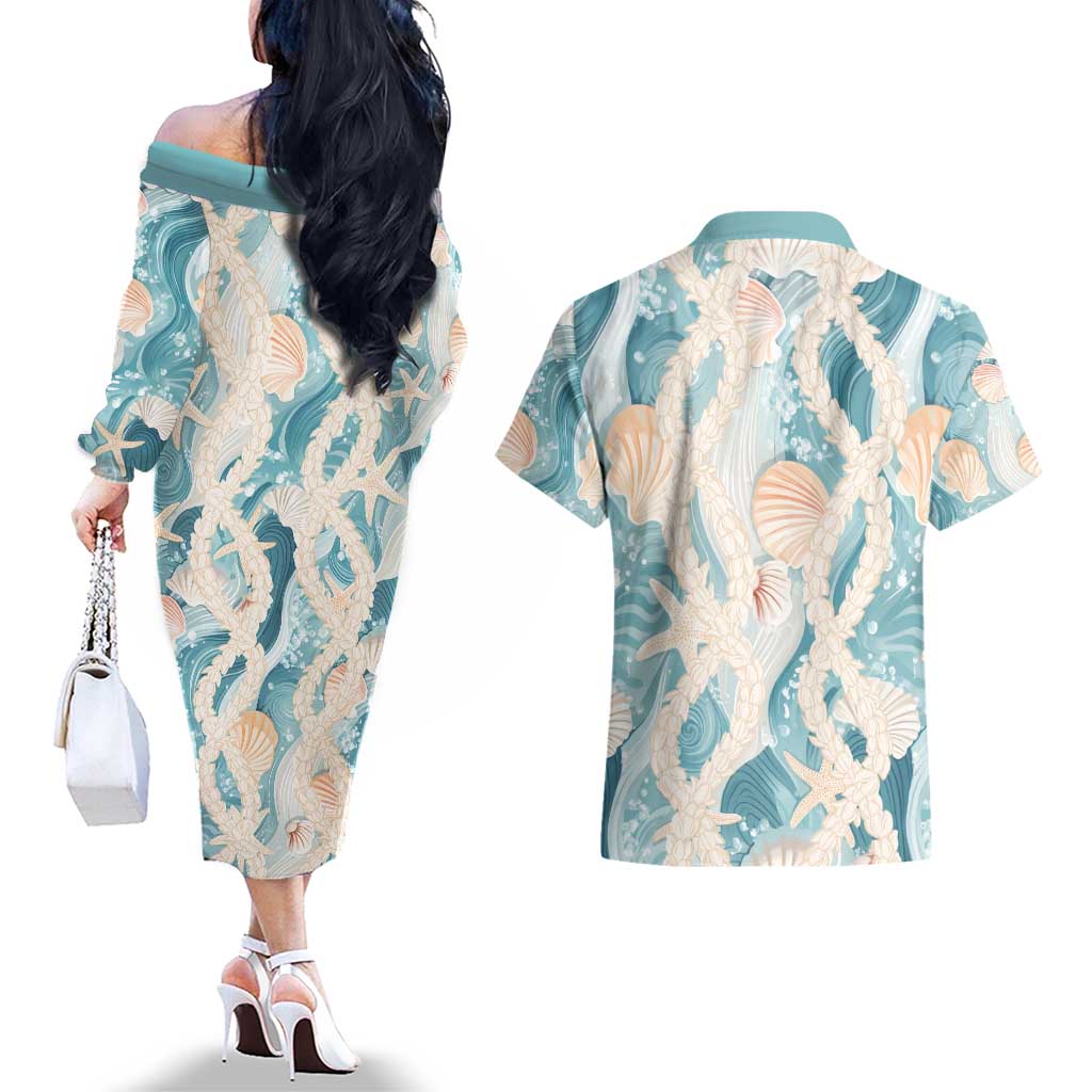 Hawaii Lei Seashells Starfish Couples Matching Off The Shoulder Long Sleeve Dress and Hawaiian Shirt Fresh Summer Vibe LT01 - Polynesian Pride
