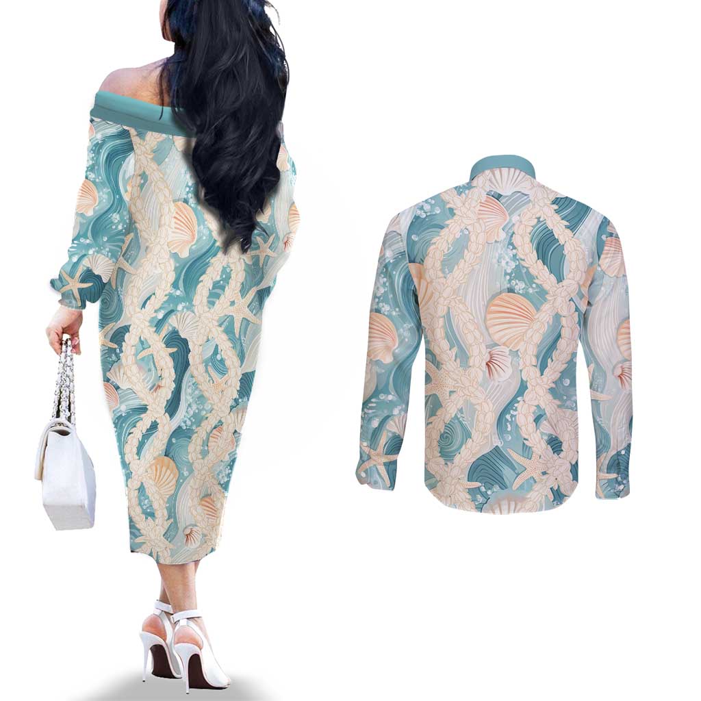 Hawaii Lei Seashells Starfish Couples Matching Off The Shoulder Long Sleeve Dress and Long Sleeve Button Shirt Fresh Summer Vibe - Polynesian Pride