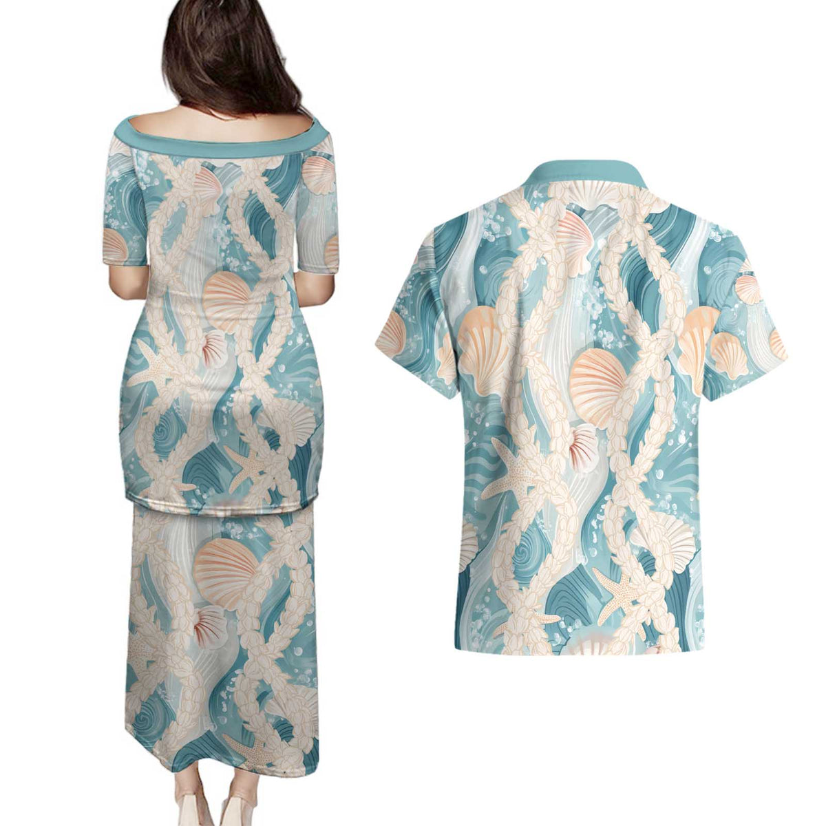 Hawaii Lei Seashells Starfish Couples Matching Puletasi and Hawaiian Shirt Fresh Summer Vibe LT01 - Polynesian Pride