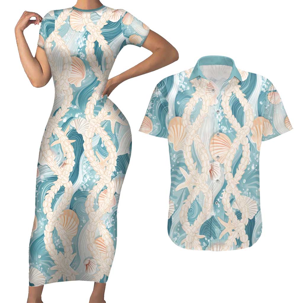 Hawaii Lei Seashells Starfish Couples Matching Short Sleeve Bodycon Dress and Hawaiian Shirt Fresh Summer Vibe - Polynesian Pride