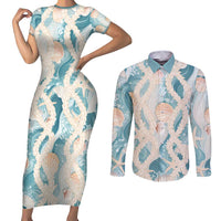 Hawaii Lei Seashells Starfish Couples Matching Short Sleeve Bodycon Dress and Long Sleeve Button Shirt Fresh Summer Vibe - Polynesian Pride