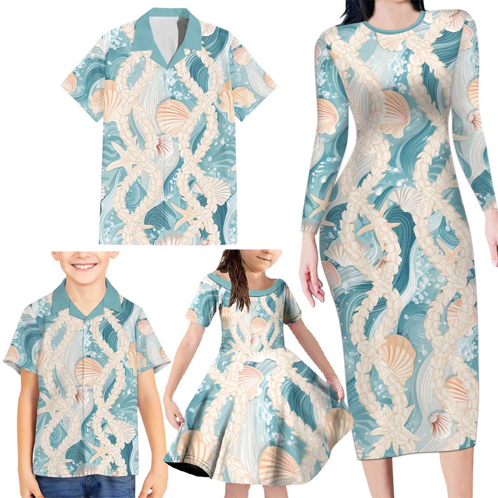 Hawaii Lei Seashells Starfish Family Matching Long Sleeve Bodycon Dress and Hawaiian Shirt Fresh Summer Vibe LT01 - Polynesian Pride