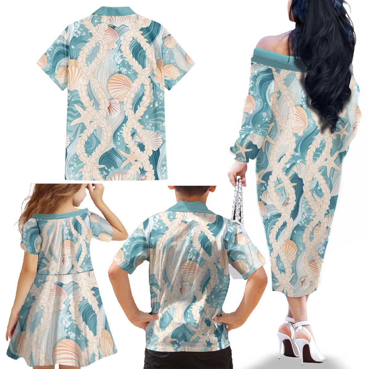 Hawaii Lei Seashells Starfish Family Matching Off The Shoulder Long Sleeve Dress and Hawaiian Shirt Fresh Summer Vibe LT01 - Polynesian Pride