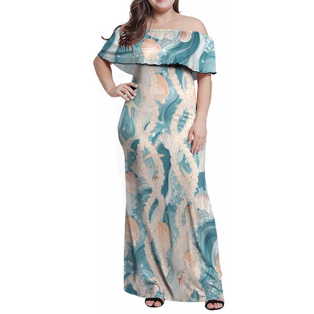 Hawaii Lei Seashells Starfish Family Matching Off Shoulder Maxi Dress and Hawaiian Shirt Fresh Summer Vibe LT01 Mom's Dress Blue - Polynesian Pride