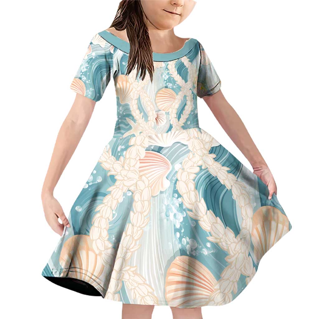 Hawaii Lei Seashells Starfish Family Matching Off Shoulder Short Dress and Hawaiian Shirt Fresh Summer Vibe LT01 Daughter's Dress Blue - Polynesian Pride