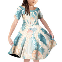 Hawaii Lei Seashells Starfish Family Matching Off Shoulder Short Dress and Hawaiian Shirt Fresh Summer Vibe LT01 Daughter's Dress Blue - Polynesian Pride