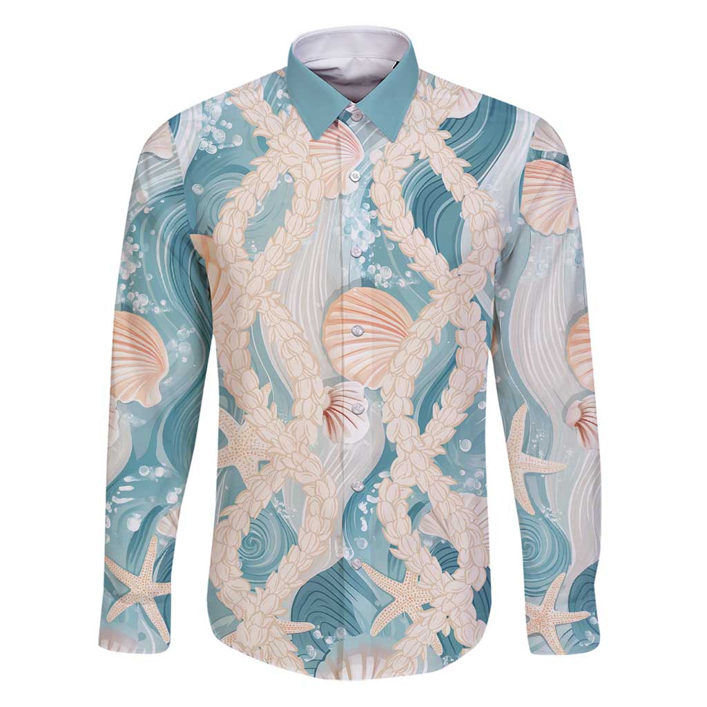 Hawaii Lei Seashells Starfish Family Matching Puletasi and Hawaiian Shirt Fresh Summer Vibe LT01 Dad's Shirt - Long Sleeve Blue - Polynesian Pride