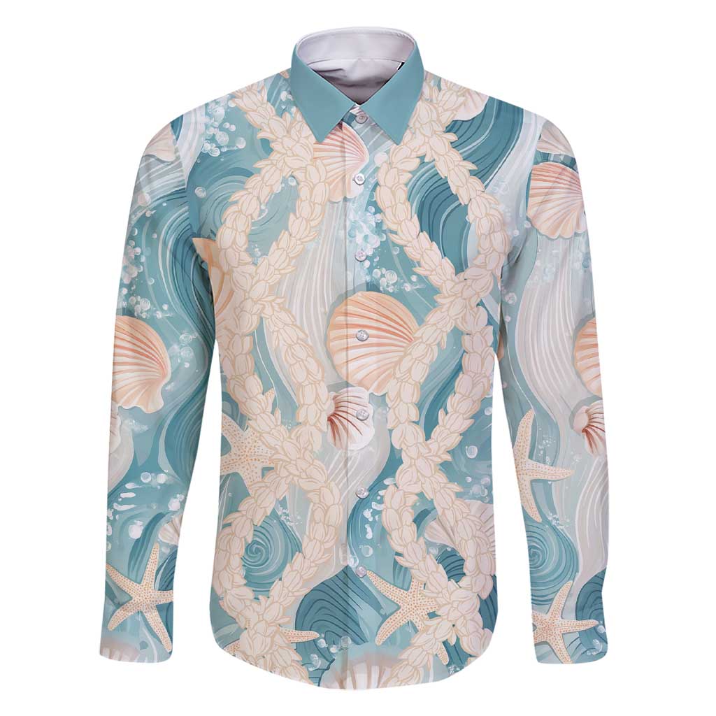 Hawaii Lei Seashells Starfish Family Matching Short Sleeve Bodycon Dress and Hawaiian Shirt Fresh Summer Vibe LT01 Dad's Shirt - Long Sleeve Blue - Polynesian Pride