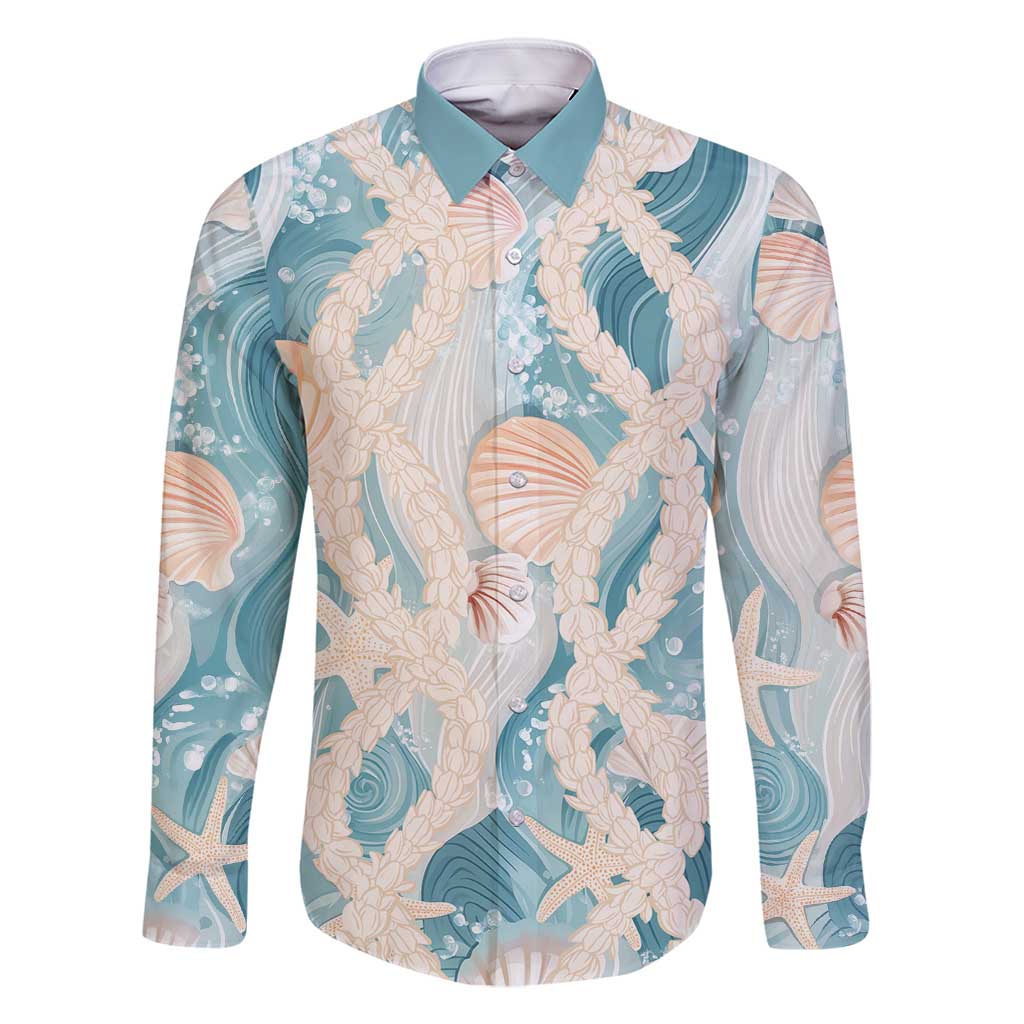 Hawaii Lei Seashells Starfish Family Matching Tank Maxi Dress and Hawaiian Shirt Fresh Summer Vibe LT01 Dad's Shirt - Long Sleeve Blue - Polynesian Pride
