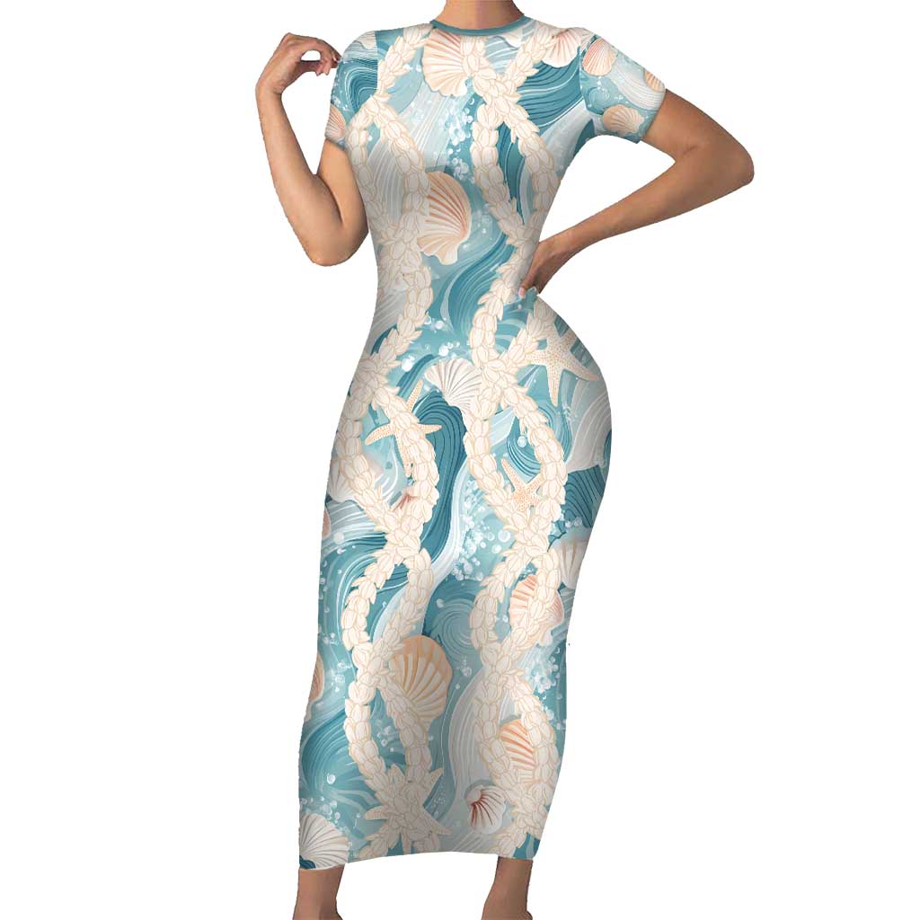 Hawaii Lei Seashells Starfish Short Sleeve Bodycon Dress Fresh Summer Vibe LT01 Long Dress Blue - Polynesian Pride