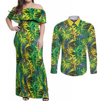 Hawaii Summer Tropical Leaves Couples Matching Off Shoulder Maxi Dress and Long Sleeve Button Shirt - Polynesian Pride