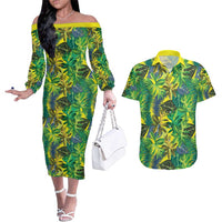 Hawaii Summer Tropical Leaves Couples Matching Off The Shoulder Long Sleeve Dress and Hawaiian Shirt LT01 Yellow - Polynesian Pride