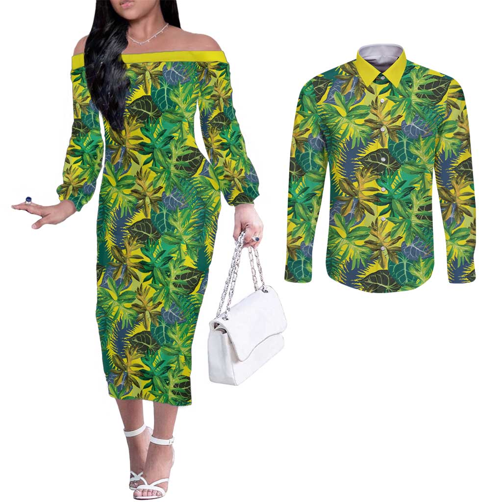 Hawaii Summer Tropical Leaves Couples Matching Off The Shoulder Long Sleeve Dress and Long Sleeve Button Shirt - Polynesian Pride