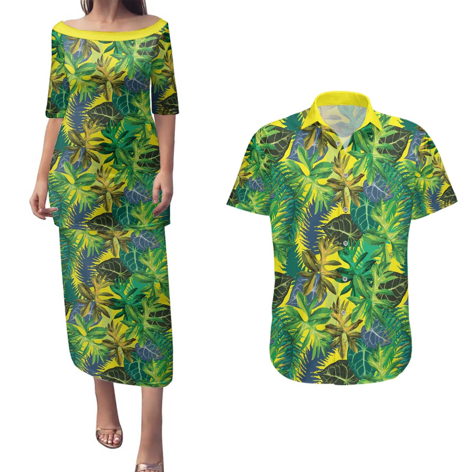 Hawaii Summer Tropical Leaves Couples Matching Puletasi and Hawaiian Shirt LT01 Yellow - Polynesian Pride
