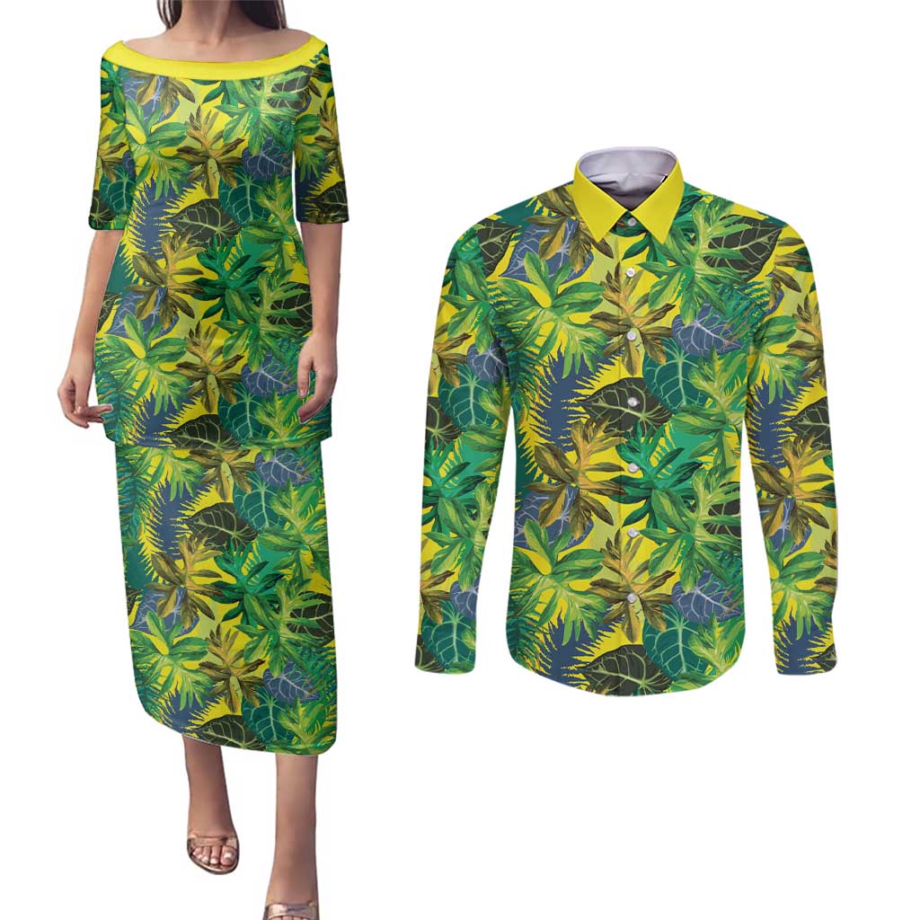 Hawaii Summer Tropical Leaves Couples Matching Puletasi and Long Sleeve Button Shirt LT01 Yellow - Polynesian Pride