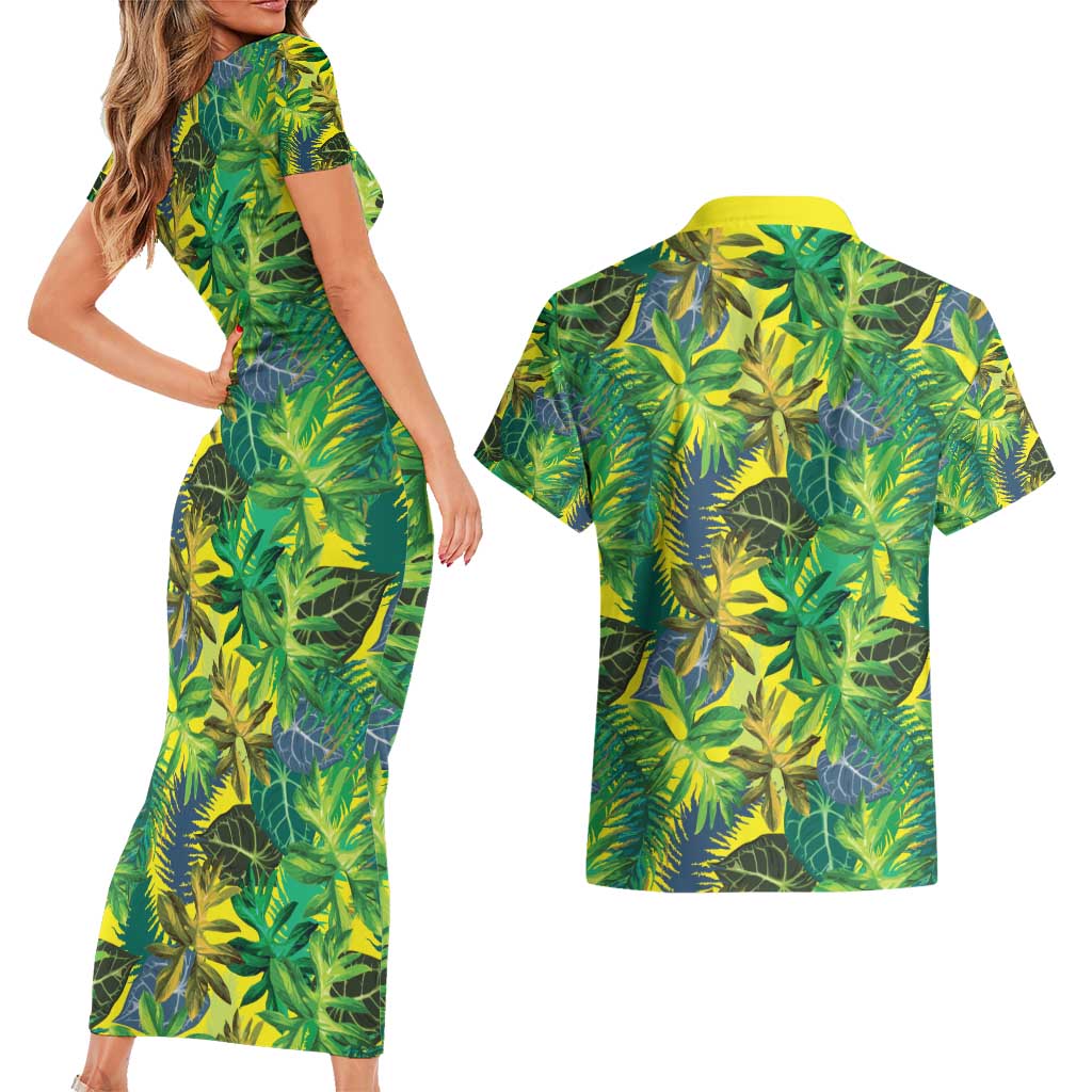 Hawaii Summer Tropical Leaves Couples Matching Short Sleeve Bodycon Dress and Hawaiian Shirt - Polynesian Pride