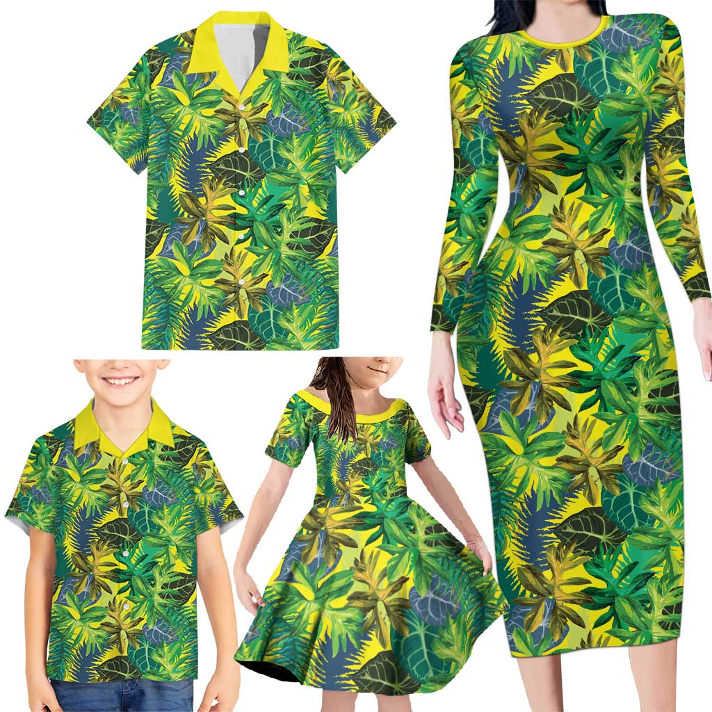 Hawaii Summer Tropical Leaves Family Matching Long Sleeve Bodycon Dress and Hawaiian Shirt - Polynesian Pride