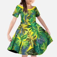 Hawaii Summer Tropical Leaves Family Matching Off The Shoulder Long Sleeve Dress and Hawaiian Shirt LT01 Daughter's Dress Yellow - Polynesian Pride