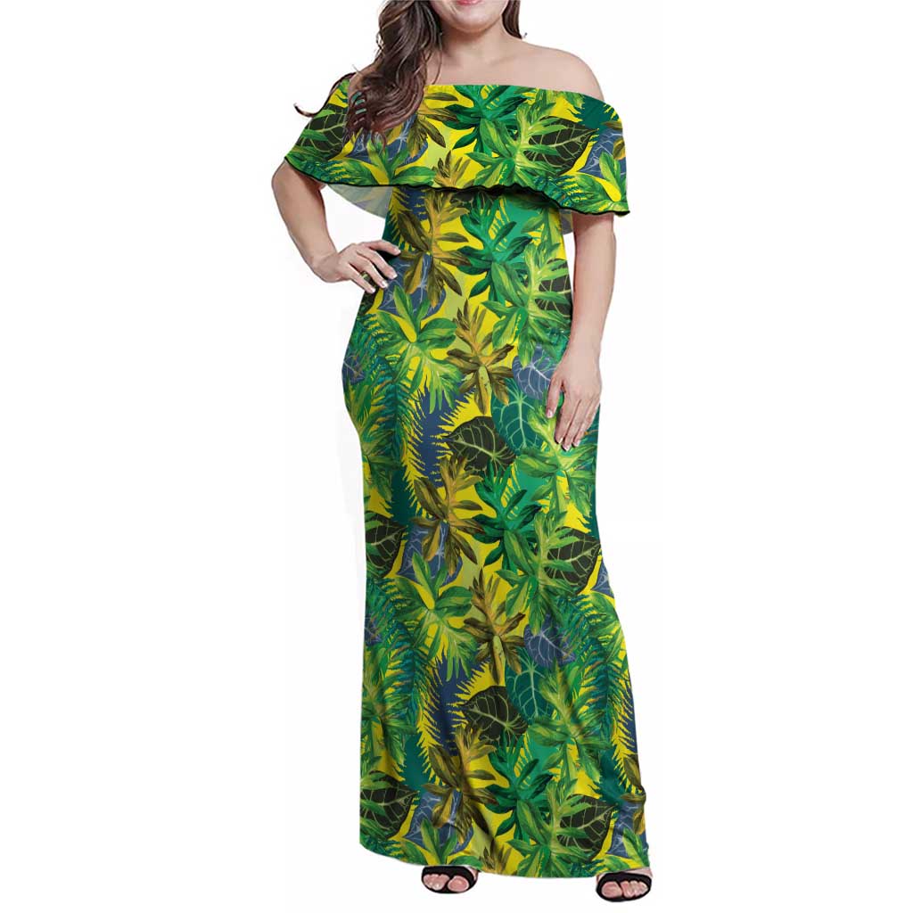 Hawaii Summer Tropical Leaves Family Matching Off Shoulder Maxi Dress and Hawaiian Shirt LT01 Mom's Dress Yellow - Polynesian Pride