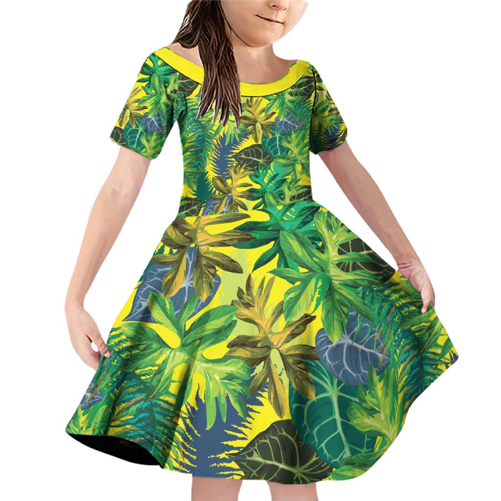 Hawaii Summer Tropical Leaves Family Matching Off Shoulder Short Dress and Hawaiian Shirt LT01 Daughter's Dress Yellow - Polynesian Pride