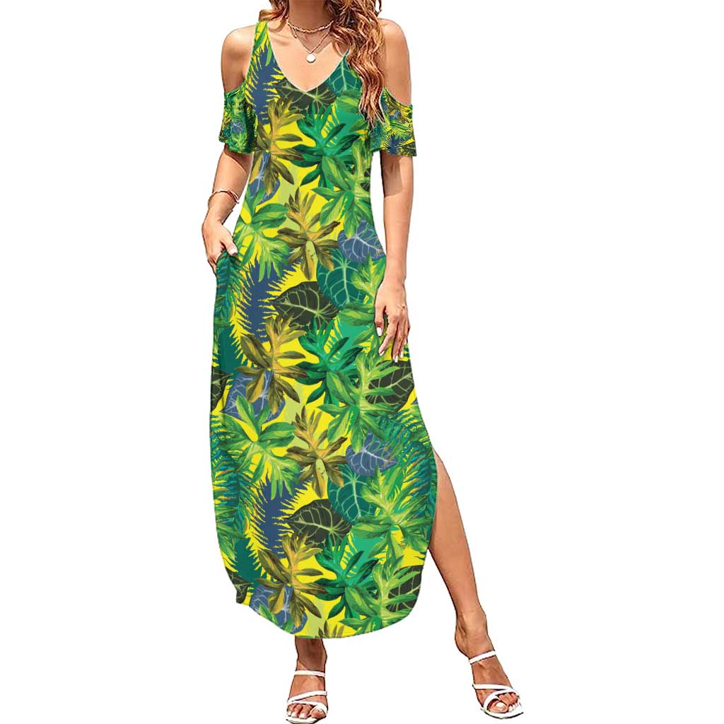 Hawaii Summer Tropical Leaves Family Matching Summer Maxi Dress and Hawaiian Shirt LT01 Mom's Dress Yellow - Polynesian Pride