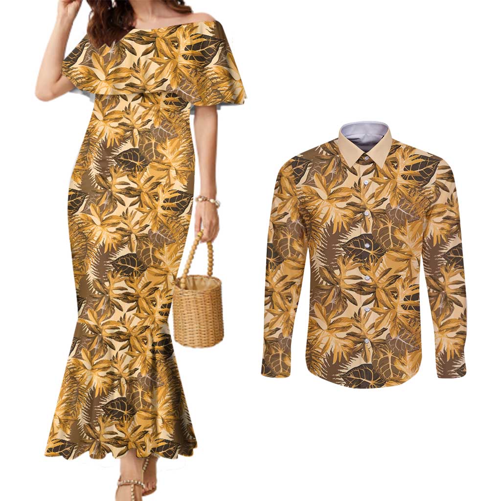 Hawaii Gold Tropical Leaves Couples Matching Mermaid Dress and Long Sleeve Button Shirt - Polynesian Pride