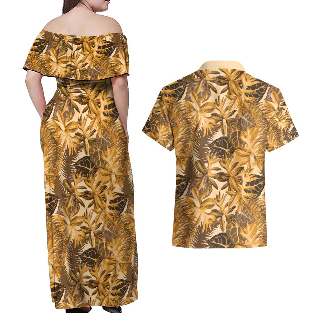 Hawaii Gold Tropical Leaves Couples Matching Off Shoulder Maxi Dress and Hawaiian Shirt - Polynesian Pride