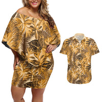 Hawaii Gold Tropical Leaves Couples Matching Off Shoulder Short Dress and Hawaiian Shirt - Polynesian Pride