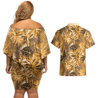 Hawaii Gold Tropical Leaves Couples Matching Off Shoulder Short Dress and Hawaiian Shirt - Polynesian Pride