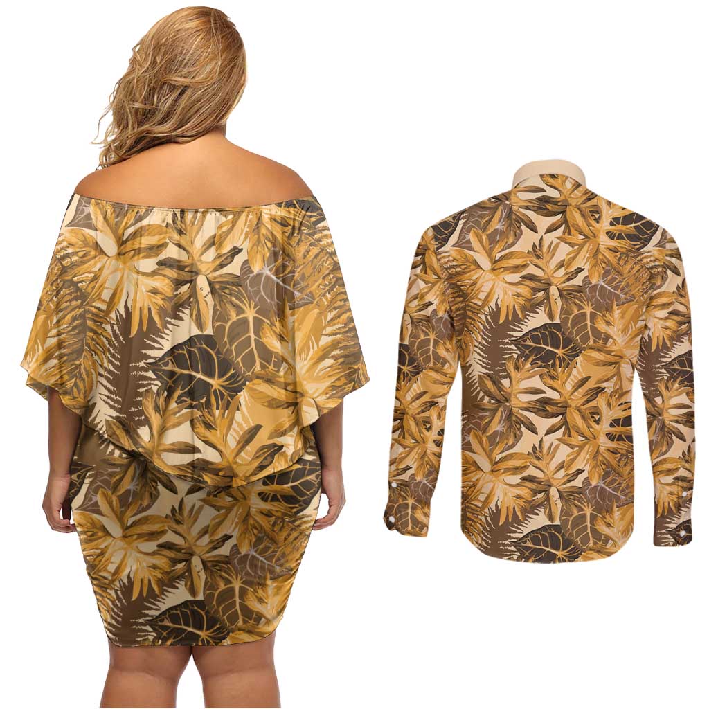 Hawaii Gold Tropical Leaves Couples Matching Off Shoulder Short Dress and Long Sleeve Button Shirt - Polynesian Pride