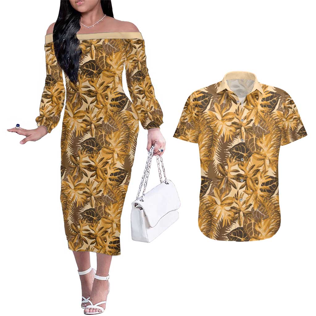 Hawaii Gold Tropical Leaves Couples Matching Off The Shoulder Long Sleeve Dress and Hawaiian Shirt - Polynesian Pride