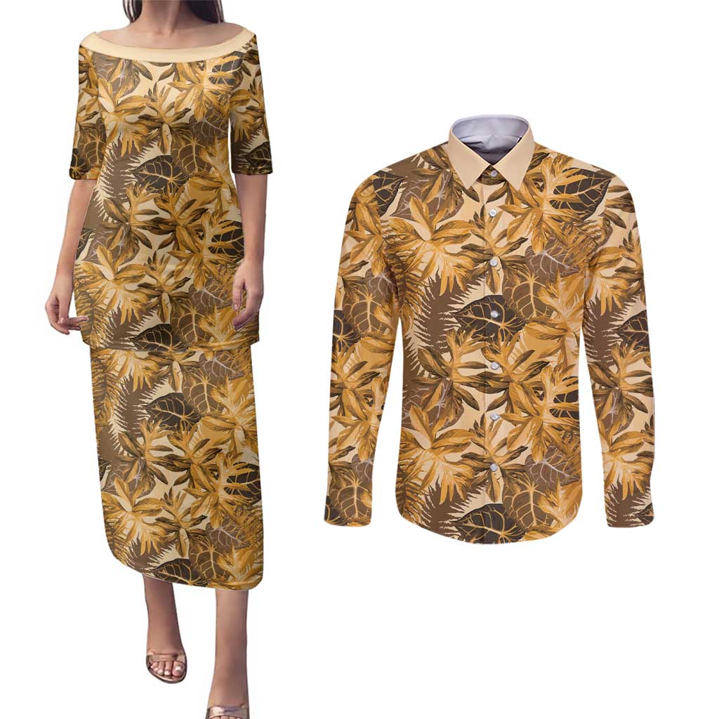 Hawaii Gold Tropical Leaves Couples Matching Puletasi and Long Sleeve Button Shirt LT01 Gold - Polynesian Pride