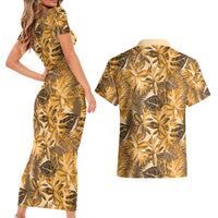 Hawaii Gold Tropical Leaves Couples Matching Short Sleeve Bodycon Dress and Hawaiian Shirt - Polynesian Pride