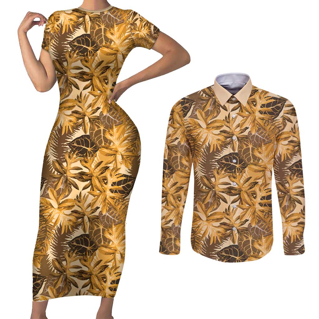 Hawaii Gold Tropical Leaves Couples Matching Short Sleeve Bodycon Dress and Long Sleeve Button Shirt - Polynesian Pride