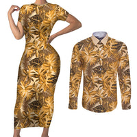 Hawaii Gold Tropical Leaves Couples Matching Short Sleeve Bodycon Dress and Long Sleeve Button Shirt - Polynesian Pride