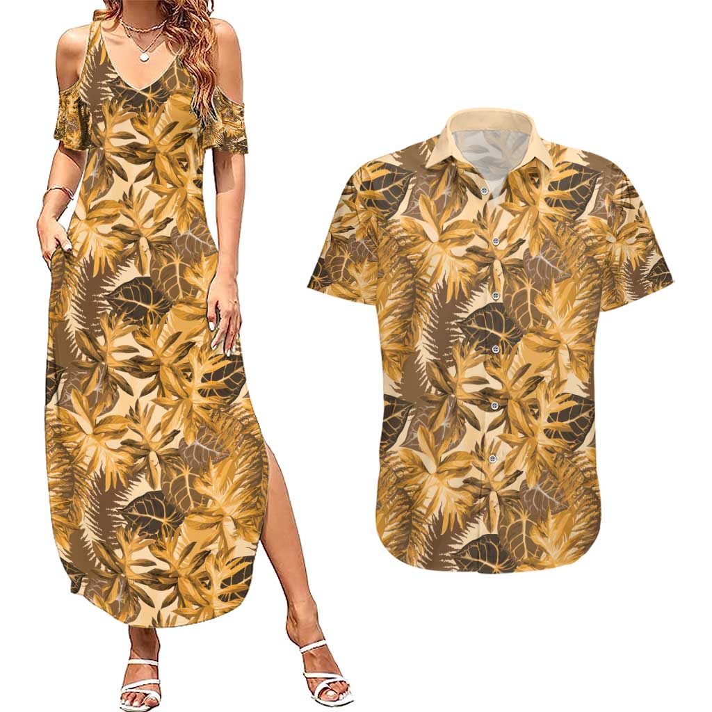 Hawaii Gold Tropical Leaves Couples Matching Summer Maxi Dress and Hawaiian Shirt - Polynesian Pride