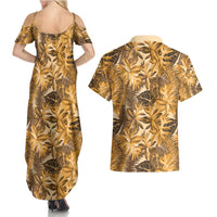 Hawaii Gold Tropical Leaves Couples Matching Summer Maxi Dress and Hawaiian Shirt - Polynesian Pride