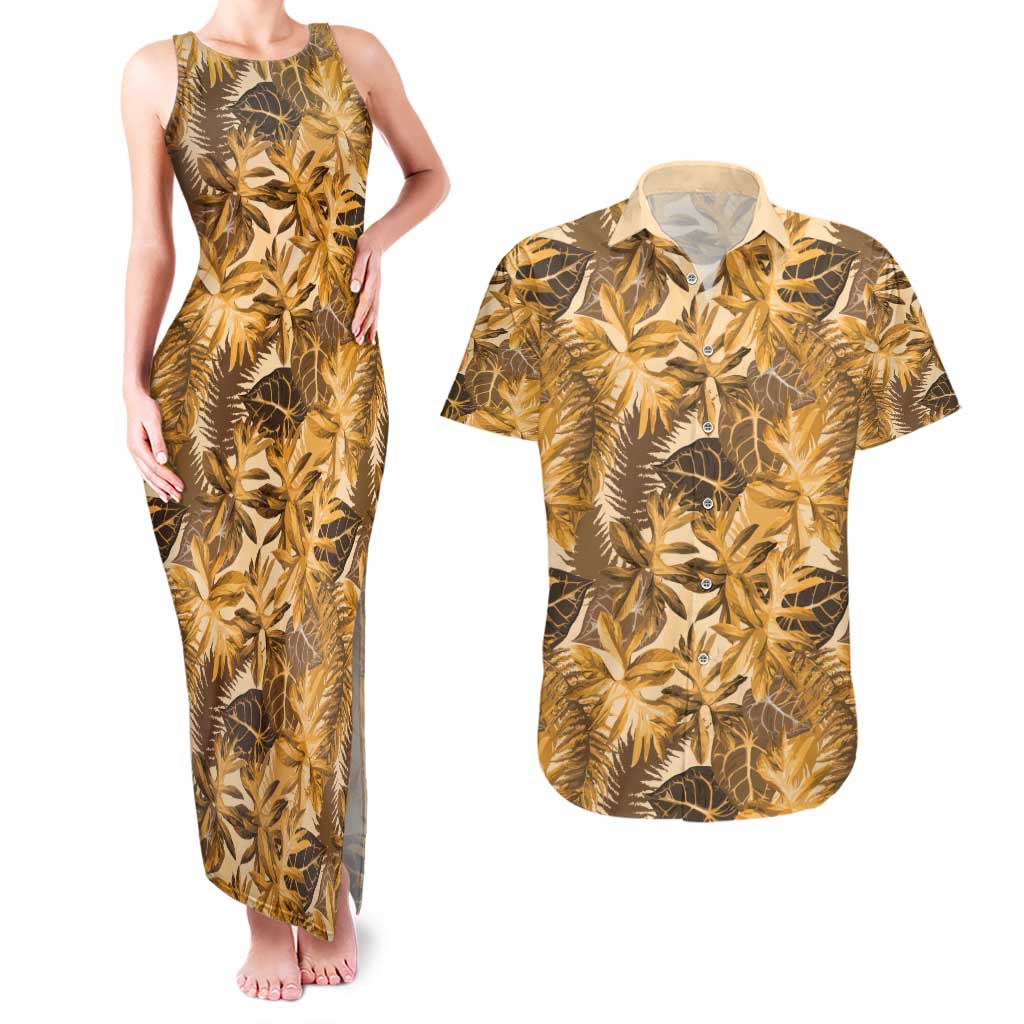 Hawaii Gold Tropical Leaves Couples Matching Tank Maxi Dress and Hawaiian Shirt - Polynesian Pride