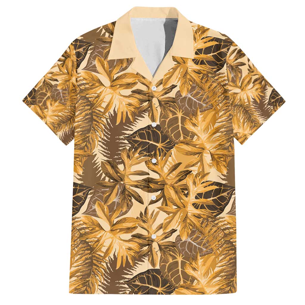 Hawaii Gold Tropical Leaves Family Matching Long Sleeve Bodycon Dress and Hawaiian Shirt LT01 Dad's Shirt - Short Sleeve Gold - Polynesian Pride