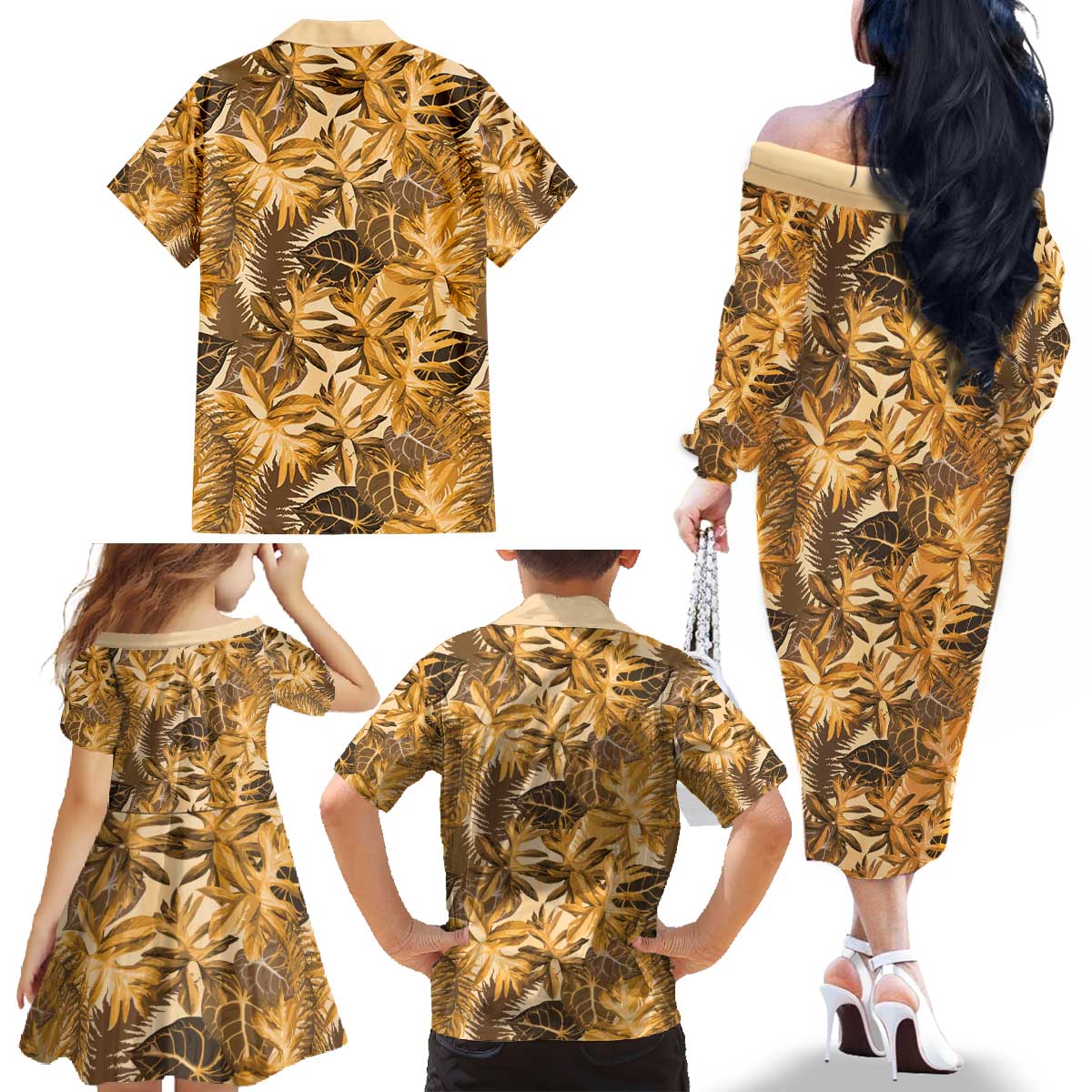 Hawaii Gold Tropical Leaves Family Matching Off The Shoulder Long Sleeve Dress and Hawaiian Shirt LT01 - Polynesian Pride