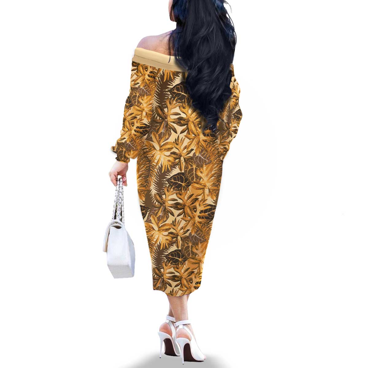 Hawaii Gold Tropical Leaves Family Matching Off The Shoulder Long Sleeve Dress and Hawaiian Shirt LT01 - Polynesian Pride