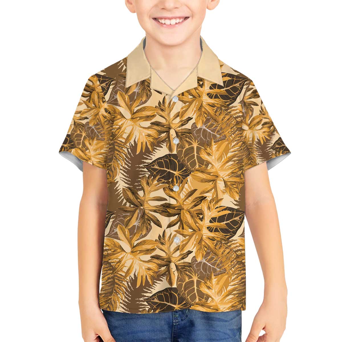 Hawaii Gold Tropical Leaves Family Matching Off The Shoulder Long Sleeve Dress and Hawaiian Shirt LT01 Son's Shirt Gold - Polynesian Pride